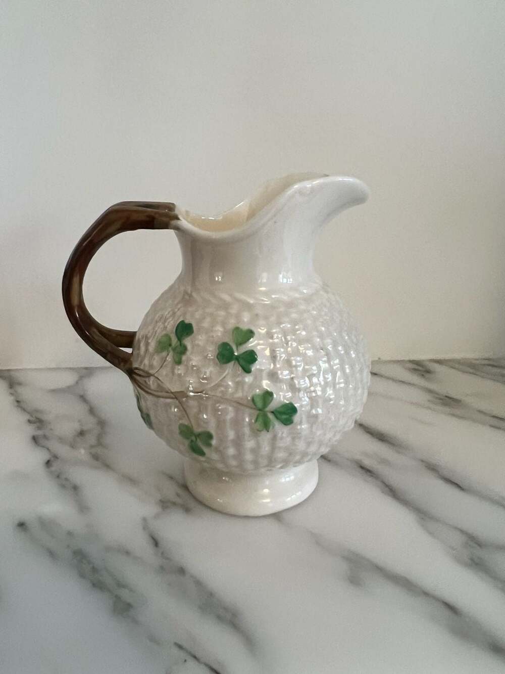 Belleek Shamrock Basketweave Creamer Pitcher Jug Ireland